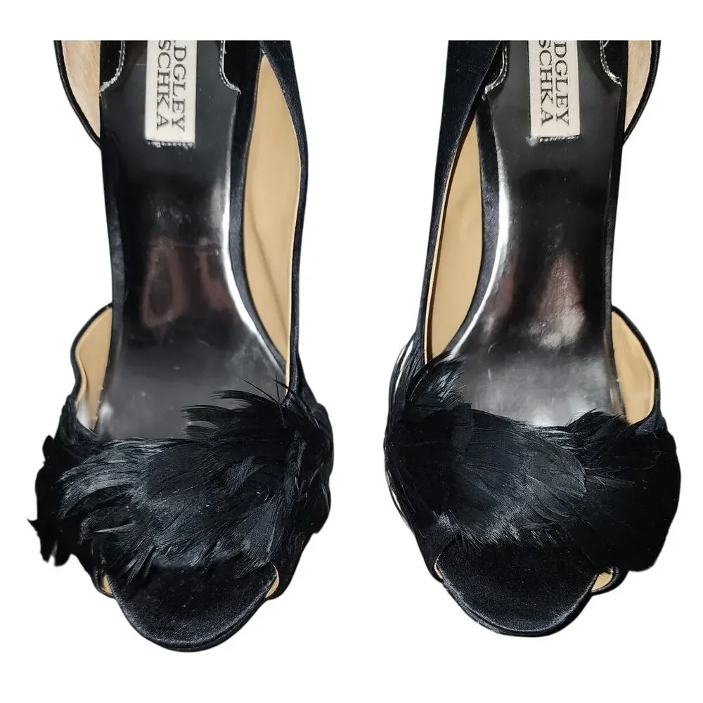 Badgley Mischka Gisella d'Orsay Peep open toe feather Evening Black Pumps 9.5 - Picture 3 of 8